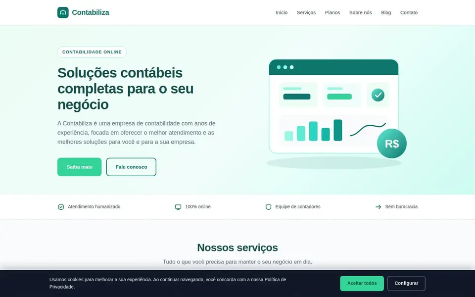 Primeira dobra de uma landing page de exemplo: headline “Soluções contábeis completas para o seu negócio”, botão “Saiba mais”, ilustração à direita e banner de cookies na base.